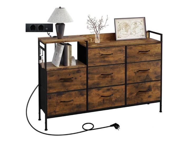 WOLTU Commode à 8 Tiroirs en Tissu avec Station de Charge Métal et Bois d'Ingénierie E1 Marron Rustique et Noir W0ITT5001