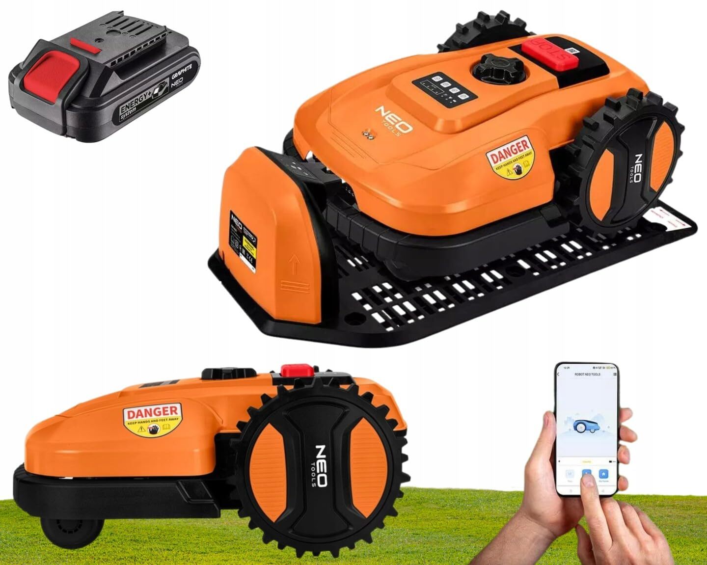 NEO TOOLS Mähroboter mit Austauschbarem Akku (2 Ah-Akku Enthalten) für Gärten bis 600 m2 - Steuerung Smartphone-App, Ladestation, 100m Grenzkabel