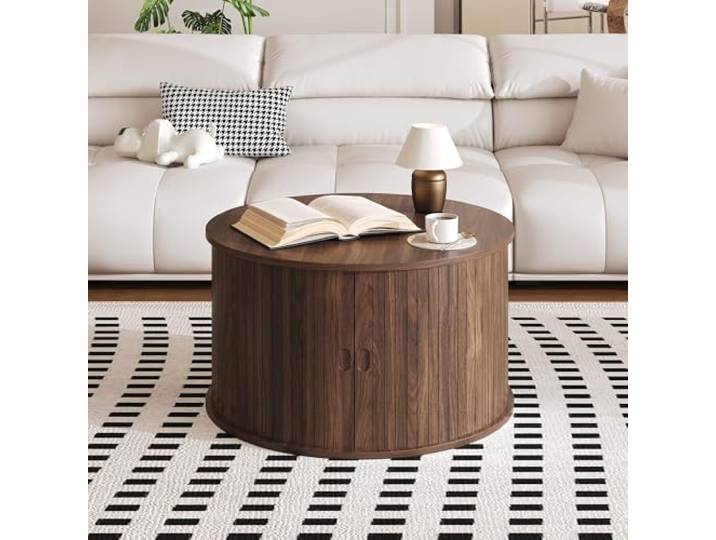 LuxFocus Runder Couchtisch 71 cm Mid-Century mit Schublade Geriffelte Holzoptik mit offener Ablage für moderne Wohnbereiche