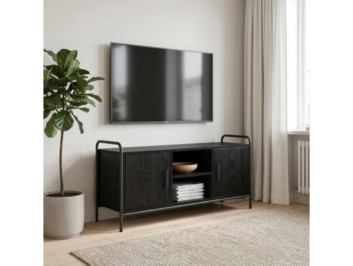 HAQWRDQSG TV-Schrank 99x33x50 cm Schwarz Eichen-Optik Lowboard Kompaktes Medienmöbel fürs Wohnzimmer mit verzinktem Stahlrahmen und geräumigen Fächern für Multimediageräte.
