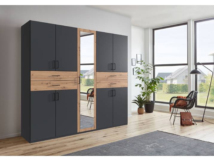 Drehtürenschrank Taiga 225cm Schwarz/Graphit/Eiche Artisan Dekor