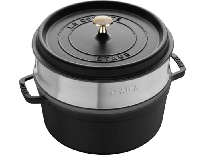 STAUB Cocotte, Gusseisen Bräter mit Dampfeinsatz aus Edelstahl, 26 cm, 5,25 L, Rund, Alle Herdarten inkl Induktion, Made in France, Schwarz