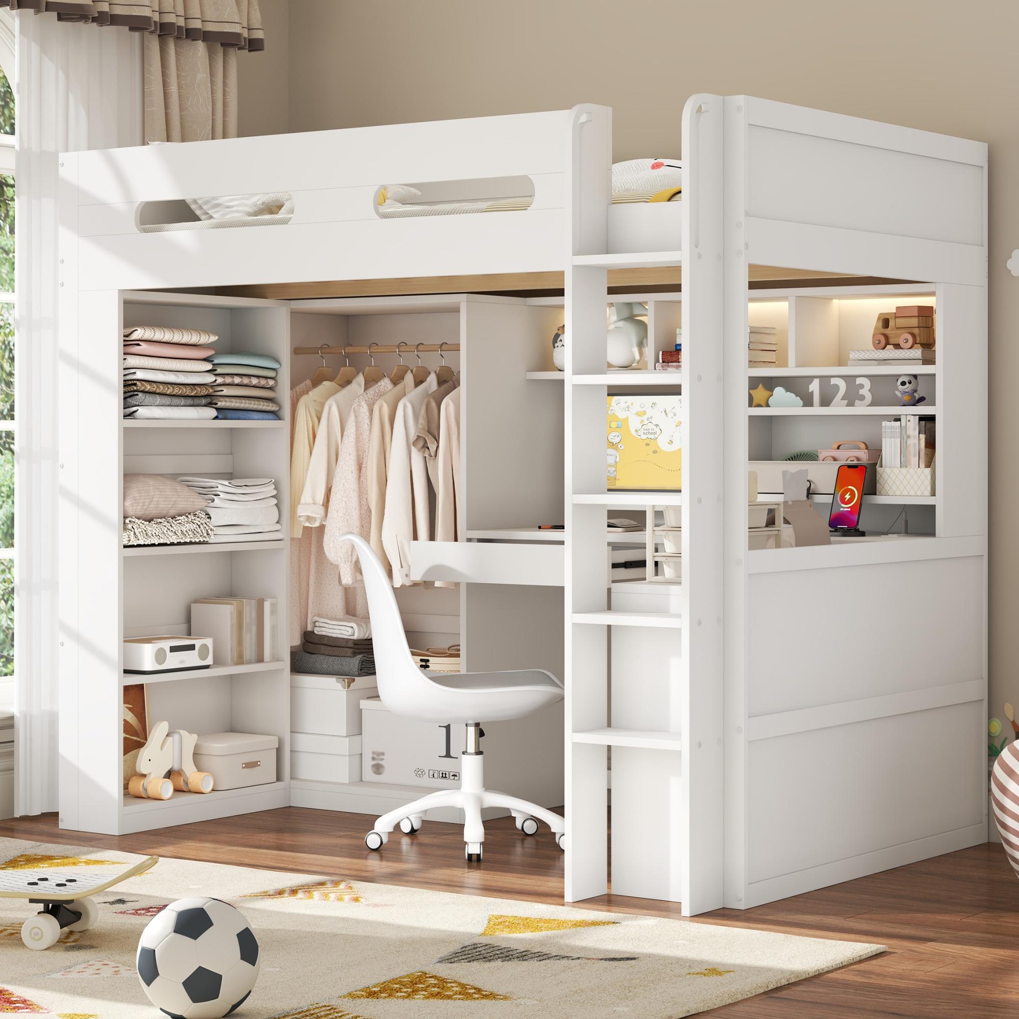 Flieks Etagenbett 90x200cm mit Kleiderschrank, Kinderbett mit Led und Ablagen, Hochbett Jugendbett mit Schreibtisch und Ladestation, Weiß