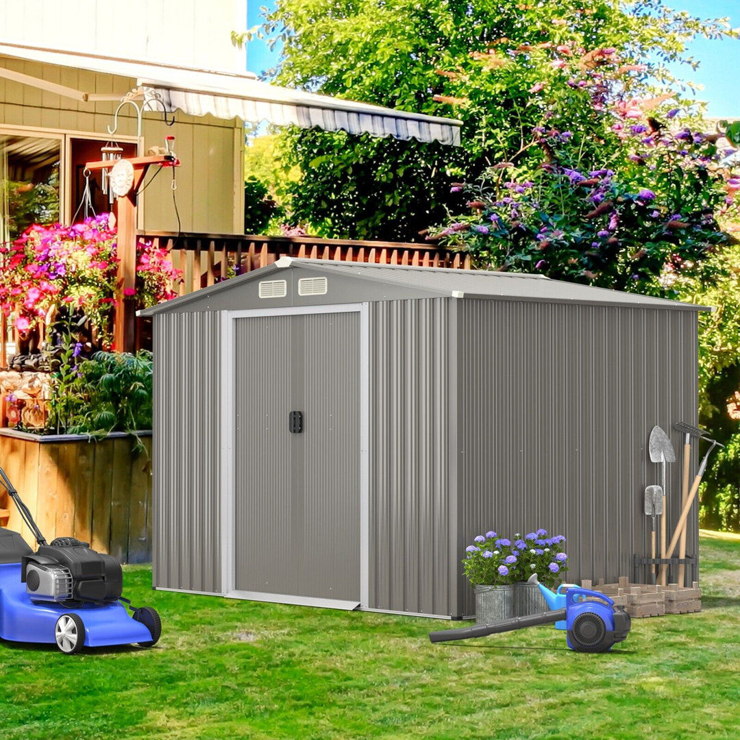 costway 8 X 6FT Outdoor Storage Shed W/Lockable Sliding Door Galvanized Steel Shed Grey 260cm W X 207cm D X 180cm H