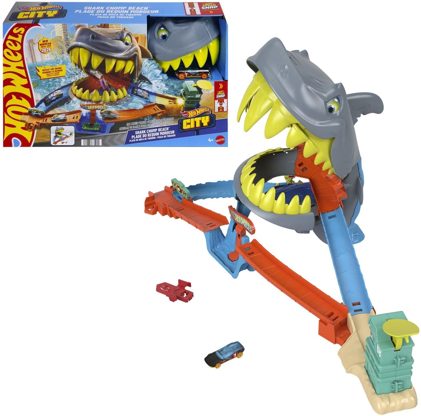 Hot Wheels City Shark Beach Survival Arena Playset for Kids - Mattel - 1:64 Scale Die-Cast Cars and Accessories