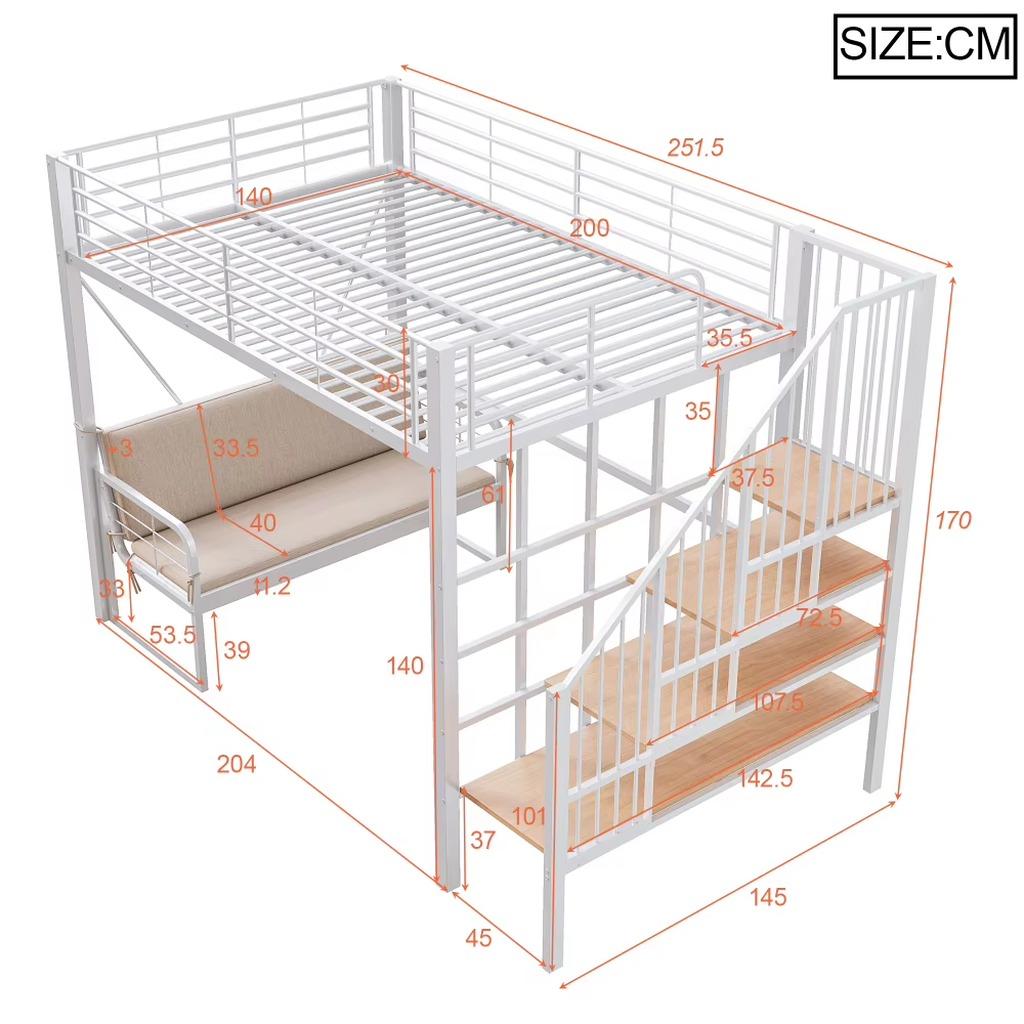 Metall-Etagenbett mit Schlafsofa - 140 x 200 cm - Platzsparend - Sichere Treppe - Weiß