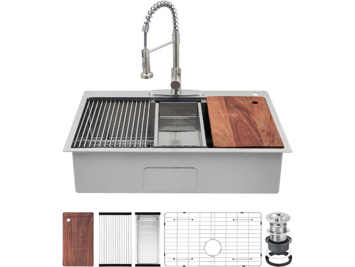 Évier de cuisine, évier à cuvette simple encastré en acier inoxydable avec accessoires, évier de poste de travail moderne à montage supérieur avec poignées de rinçage inférieures