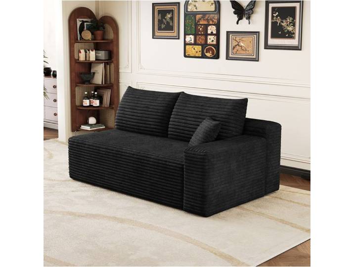 COVREO Canapé 2 places modulable noir en tissu velours côtelé sans montage coussins inclus