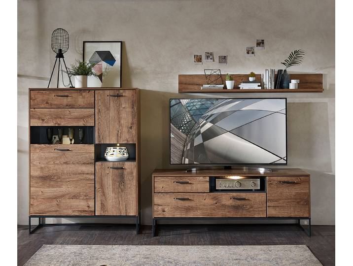 Wohnwand 3-teilig Front & Korpus: MDF Mitteldichte Holzfaserplatte , foliert Griffe & Gestell: Metall, lackiert Braun 310 x 165 x 48cm