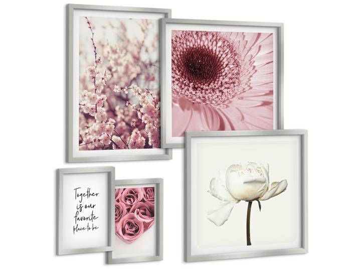 BILDER SET 5er Set - 50x50 cm & 20x30 cm & 40x60 cm Silberner Rahmen - Blumensträuße mit Rosen, Hausinschrift