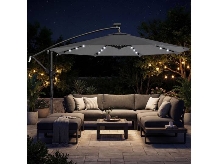 Outsunny Parasol Excentré LED Solaire 330x295cm Gris avec Base