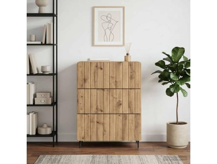 Schubladenschrank Holzwerkstoff Artisan-Eiche 66 x 34,5 x 92 cm Kommode Streifenmuster, Eisenbeine, vielseitig nutzbar, pflegeleichte Oberfläche, kompaktes Design