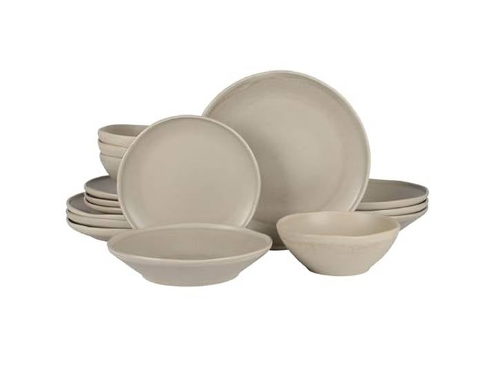 Gibson Elite Island Cove Geschirr-Set, 16-teilig (Service für 4) Teller und Schüsseln, reaktive Glasur, organisches rundes Geschirr, Steingut, Keramik, Hellgrau