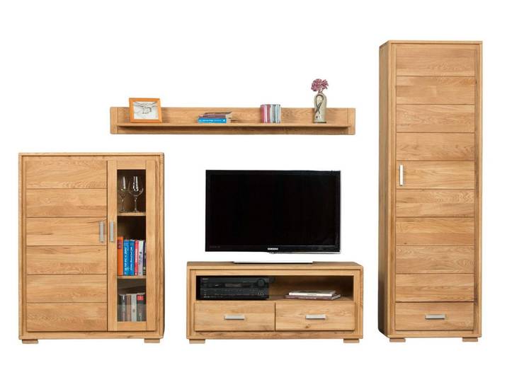 Trendmöbel24 Wohnwand Wohnwand Basel Set IIX 4-teilig Wildeiche Massivholz geölt, (Komplett-Set, 4-St., Schrank, Lowboard, Halb-Vitrine, Wandboard)