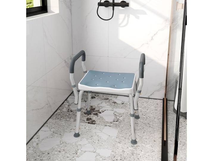 HOMCOM Tabouret Douche Réglable avec Accoudoirs Bleu
