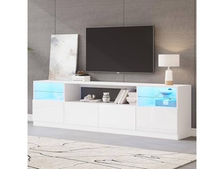 Merax TV Schrank LED 180cm, TV Board in weißer Hochglanz, Fernsehtisch mit 4 Flügeltüren, Offene Schrank, Glasablagen, TV Lowboard für Fernseher bis zu 75 Zoll, TV Bank TV-Möbel für Wohnzimmer
