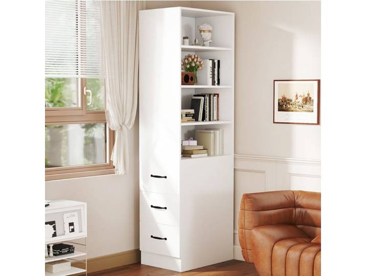 Bibliothèque étroite – meuble de rangement blanc – tiroirs latéraux – étagères réglables – 60 x 38 x 180 cm