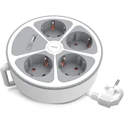 Runde Steckdosenleiste 4x Schuko-Steckdosen 2m USB-A & USB-C mit Schalter Plastrol W-30015