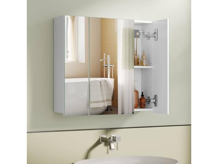 VASAGLE Armoire Murale Salle de Bain\, Style Moderne\, 60 x 15 x 55 cm Blanc nuage et Gris tourterelle\, Collection KAILYN BBK22WT