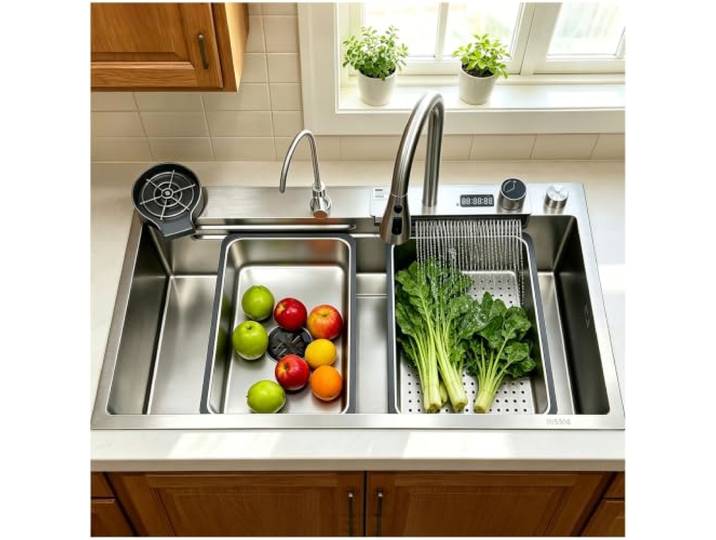 OMGMTSTORE Wasserfall-Küchenspüle 80x50 cm,1 Becken Edelstahlspüle Schwarz Multifunktionale Bartheke Spüle Mit Integriertem Wasserhahn,Ablaufkorb,Ablaufbecken (Edelstahl Gebürstet, 90x50x21cm)