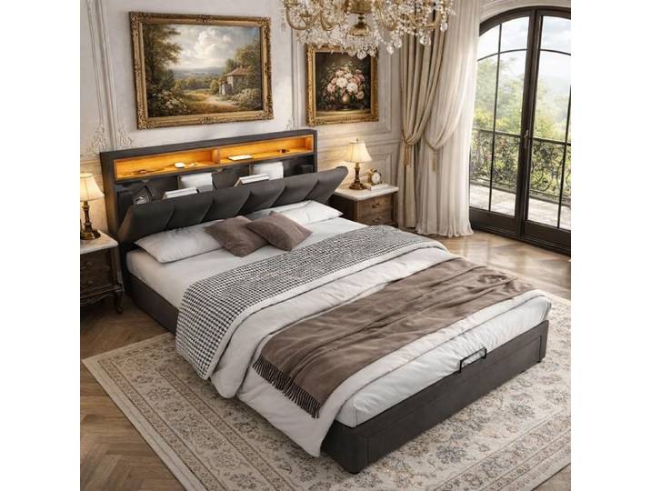 Lit Coffre 140x190 Lit double coffre avec LED Lit 2 personnes avec rangement et tete de lit rembourrée Lit double rembourré Gris