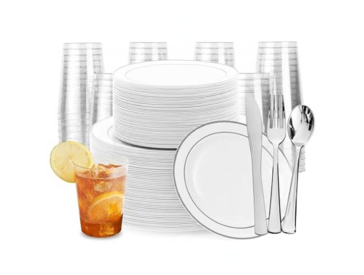 MATANA 360-teiliges Premium Geschirrset – Wiederverwendbar & Elegant für 60 Gäste – Weiße Teller mit Silberrand, Becher & 180-teiliges Besteck – Ideal für Hochzeiten, Partys & Feiern
