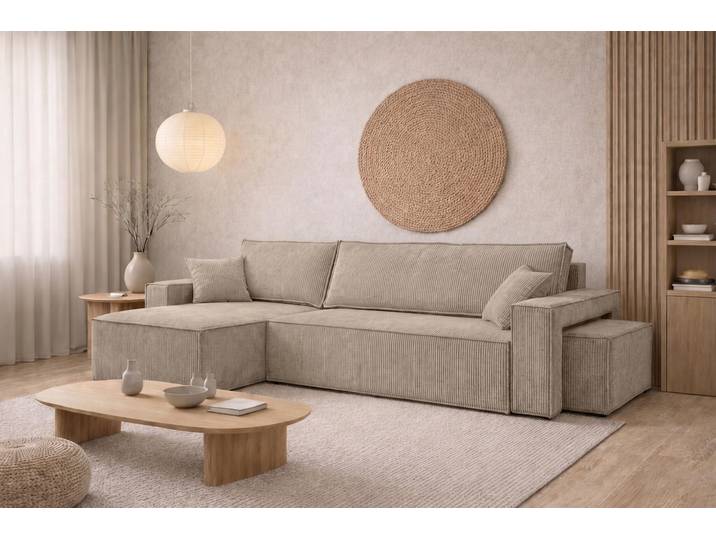 Kaiser Möbel Ecksofa mit Schlaffunktion und Pouf, Cordstoff Poso, Dunkelbeige, Links, BEST L mit Pouf