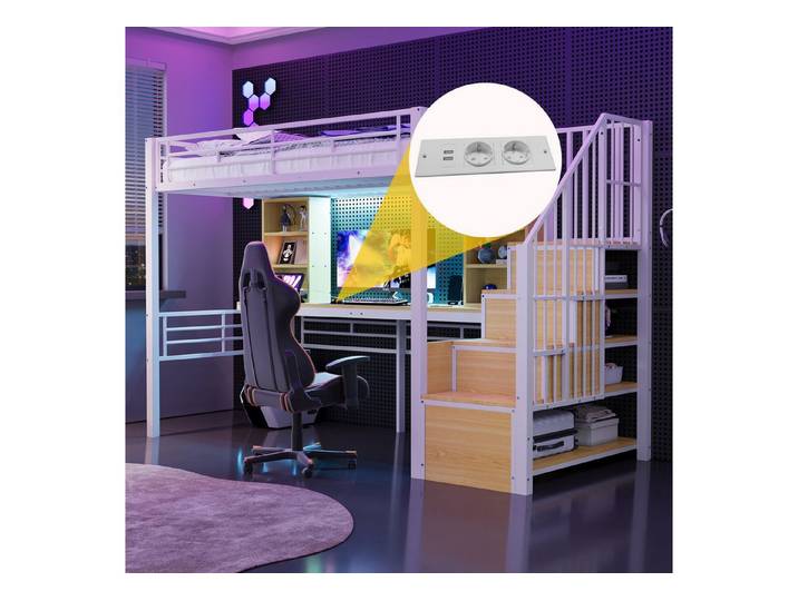 STILVORA Hochbett 90×200 mit Ablage Schreibtisch Jugendbett mit LED-Beleuchtung weiß (Kinderbett mit integrierter Stauraumtreppe, mit hohem Schutzgitter und europäischer Steckdose) für tägliche Büroarbeiten, Freizeitaktivitäten und Lernzwecke
