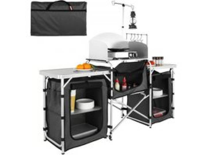 VEVOR Camping-Küchentisch, Klappbarer Outdoor-Kochtisch mit Aufbewahrungstasche, Aluminium-Kochstation mit 3 Schränken und Abnehmbarer Windschutzscheibe, Schneller Aufbau für Picknicks, Grill usw.