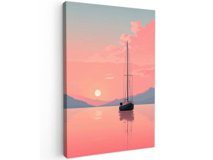 LEINWANDBILD Segelboot - Rosa Meer - Sonnenuntergang - Berge Wanddeko 40x60 cm