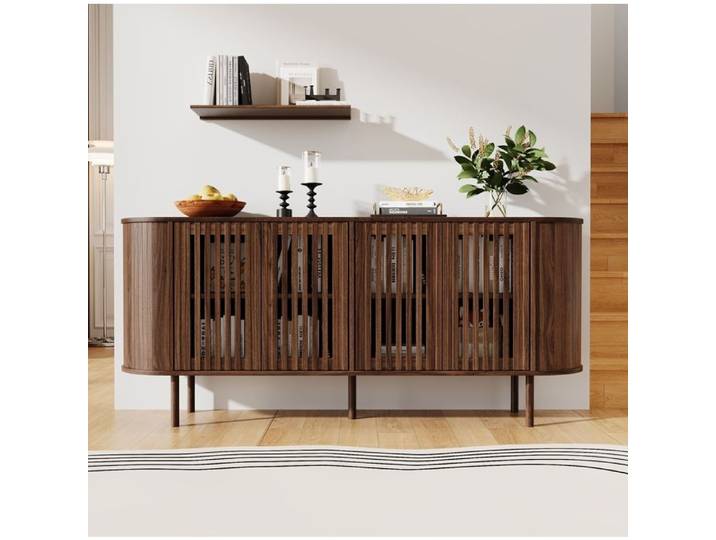 ROVRYN Buffet bas 160x40x70 cm en MDF couleur noyer 4 portes coulissantes perforées étagères réglables pieds métal