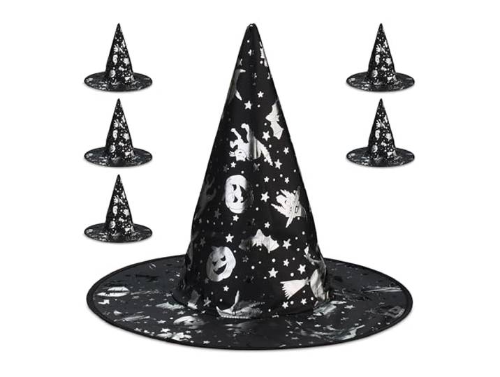 Relaxdays Chapeau de sorcière\, lot de 6\, couvert de motifs effrayants\, pour Halloween et carnaval\, noir et argenté