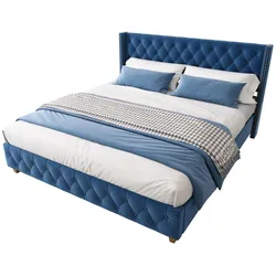 OKWISH Luxuriöses Samt-Polsterbett 160x200 mit Knopf-Tufting, Nietenverzierungen und verstärkten Bettbeinen Elegantes Design Leicht Beige