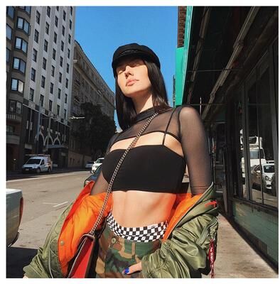 Universal Stock Sheer Mesh Sleeve Black Crop Top For Women Hollow Out Club Tee s