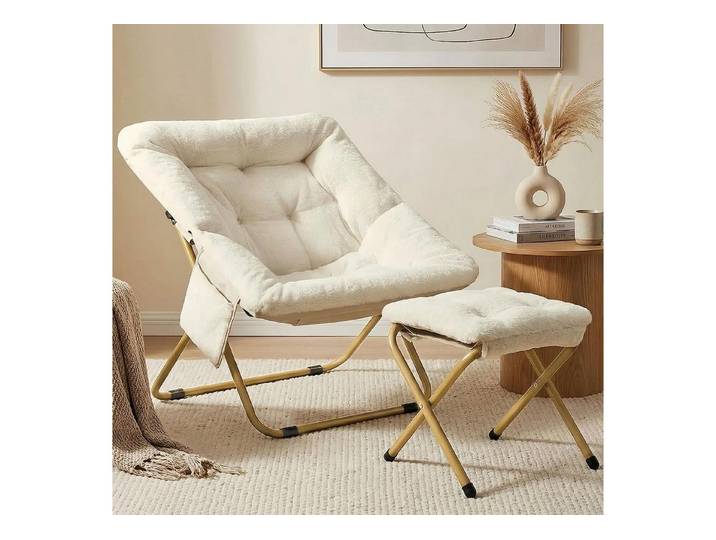 LuxusKollektion Relaxsessel Relaxsessel Hocker Kunstfell Klappbar Metallgestell Beige