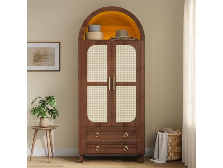 Merax Bogen-Kleiderschrank 76x50x184 cm mit Rattan-Doppeltür, Kleiderstange, LED & 2 Schubladen – Nussbaum
