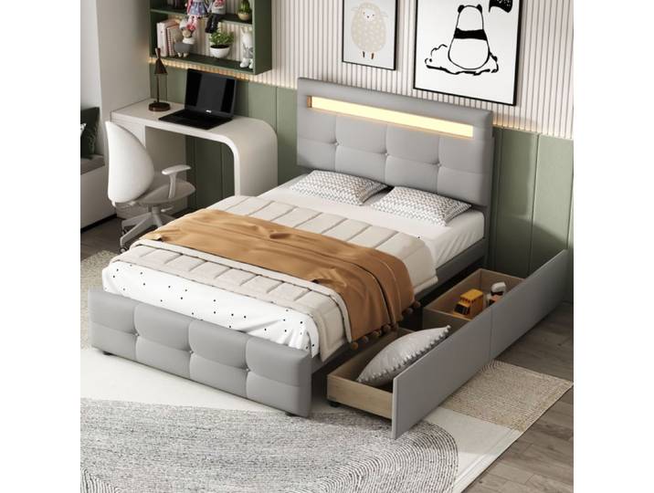 Comfyu - Lit capitonné 90x200 cm avec LED 2 tiroirs lin hypoallergénique – gris