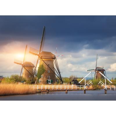 Fototapete PAPERMOON "Windmills Kinderdijk Sunset", bunt, B:5m L:2,8m, Vlies, Tapeten