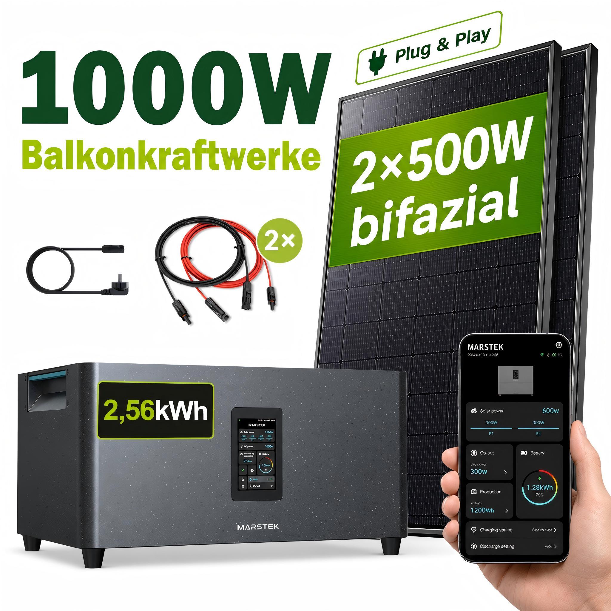 GreenSun Solar 1000W Balkonkraftwerk mit 2,56 kWh Speicher MARSTEK Jupiter C + Plus, 2x500W BIFAZIAL FULLBLACK Solarmodule, Solaranlage Solarspeicher
