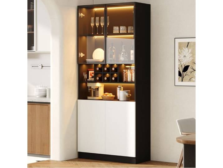SENVIRO Vitrine haute LED 80 x 30 x 180 cm verre trempé porte-bouteilles 6 bouteilles noir et blanc