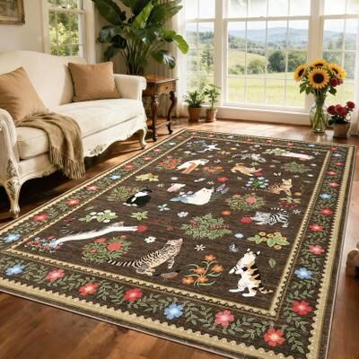 Garvee Pastoral Cat Pattern Washable Area Rug