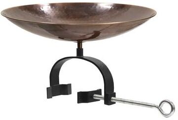 "Achla Designs 15.75""L Round Burnt Copper Stainless Steel Birdbath w/ Wrought Iron Over Rail Bracket"
