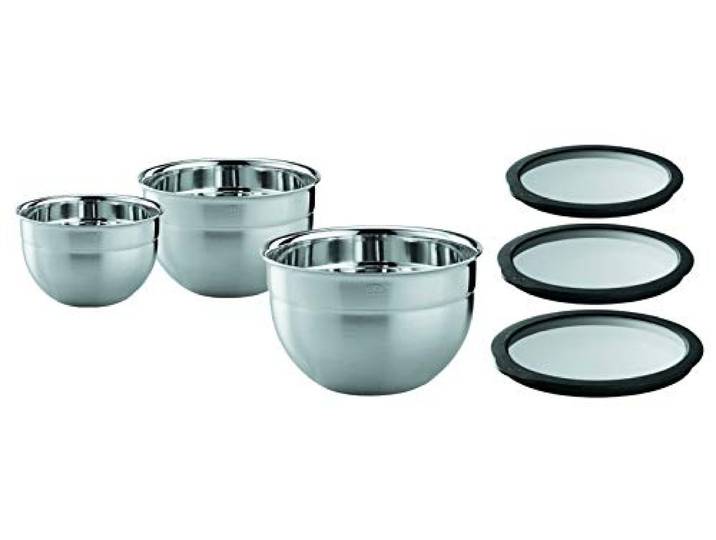 RÖSLE Schüssel-Set 3-tlg. Groß und RÖSLE Frischhaltedeckel (Ø 16, 20, 24 cm), Hochwertige, formschöne, aus Edelstahl zur Zubereitung und Aufbewahrung von Speisen, spülmaschinengeeignet