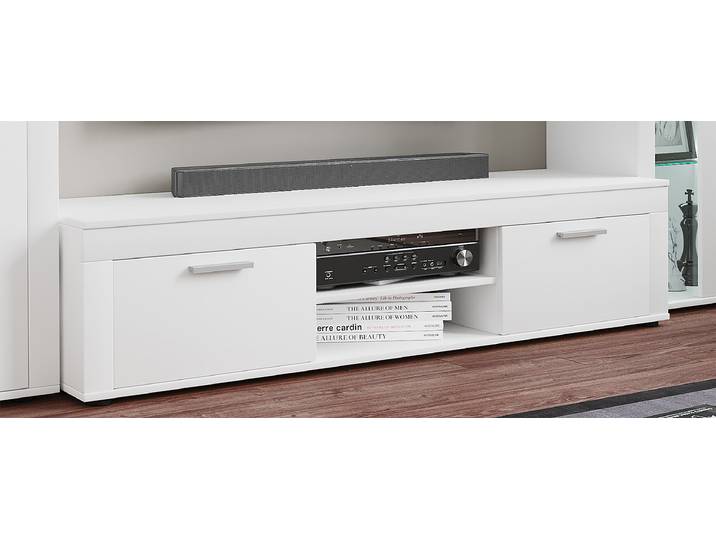 Meuble TV bas Usilo Panneau de particules, revêtu Blanc/Blanc 160cm