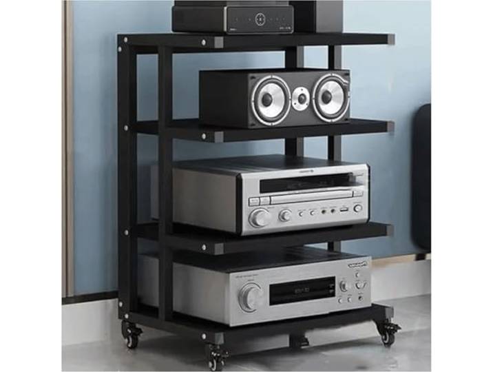 DUddTTW Audio-Rack, bewegliches Stereo-Rack, Audio-Geräte-Rack, Audio-Stereo-Regal, offenes HiFi-Rack aus Holz, Audio-Video-Regal mit Rädern(Nero,4 Tier)