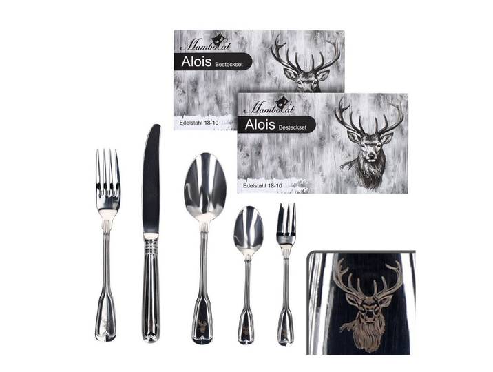 MamboCat Besteck-Set 60tlg Alois Komplett-Besteck-Set 12 PersonenEdelstahl Hirsch, Edelstahl