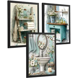 POSTER Set 3 dekorative Badezimmer-Poster im Cottage-Stil für Wand, Waschbecken, Dusche, florale Dekoration mit Badezimmermöbeln Schwarzer Rahmen A3