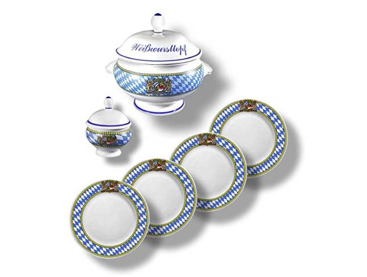 Unbekannt 6-Teiliges Bayerisches Weißwurst-Set mit Rautenrand Bestehend aus Weißwurst-Terrine BZW. Weißwurst-Topf 2,75l, Senf-Topf und 4 Weißwurst-Tellern 19cm