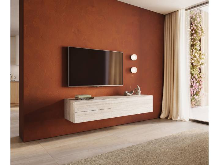 Meuble TV Cuor 180 cm Céramique Laminam® Travertino Bianco Crème blanc 1 Clapet 2 Tiroirs Flottant