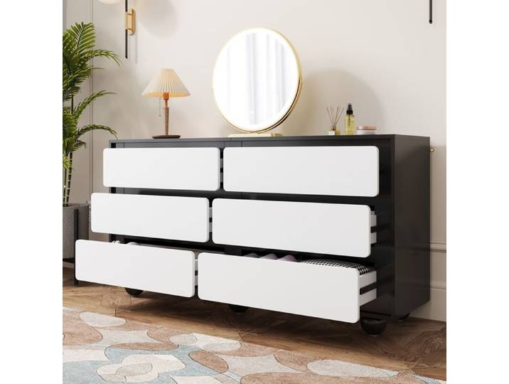 MODENUIT Commode 140x38x74.5 cm avec 6 tiroirs pieds sphériques métal patins de protection noir et blanc